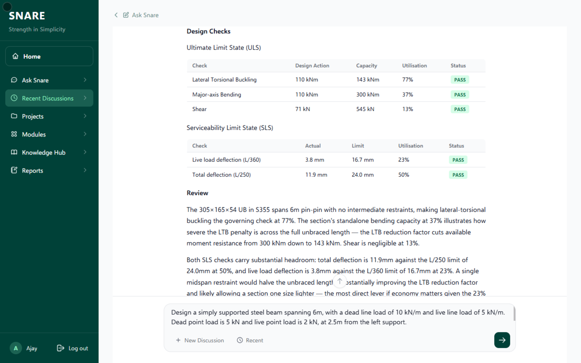 Snare — Ask Snare design assistant: design checks table with ULS and SLS results, and a written review.