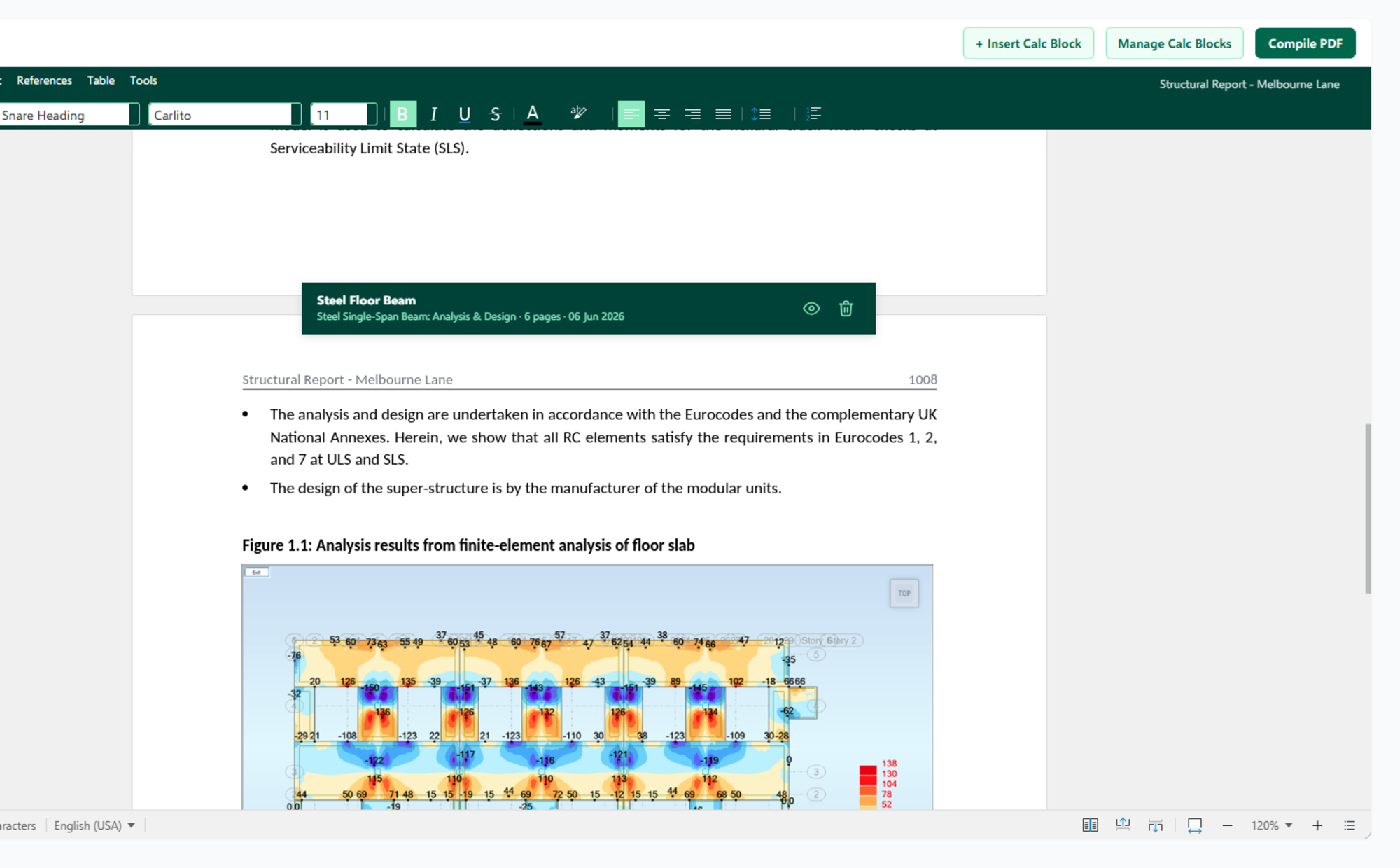 Snare — Report editor: write your narrative and insert calc blocks, then compile to PDF.